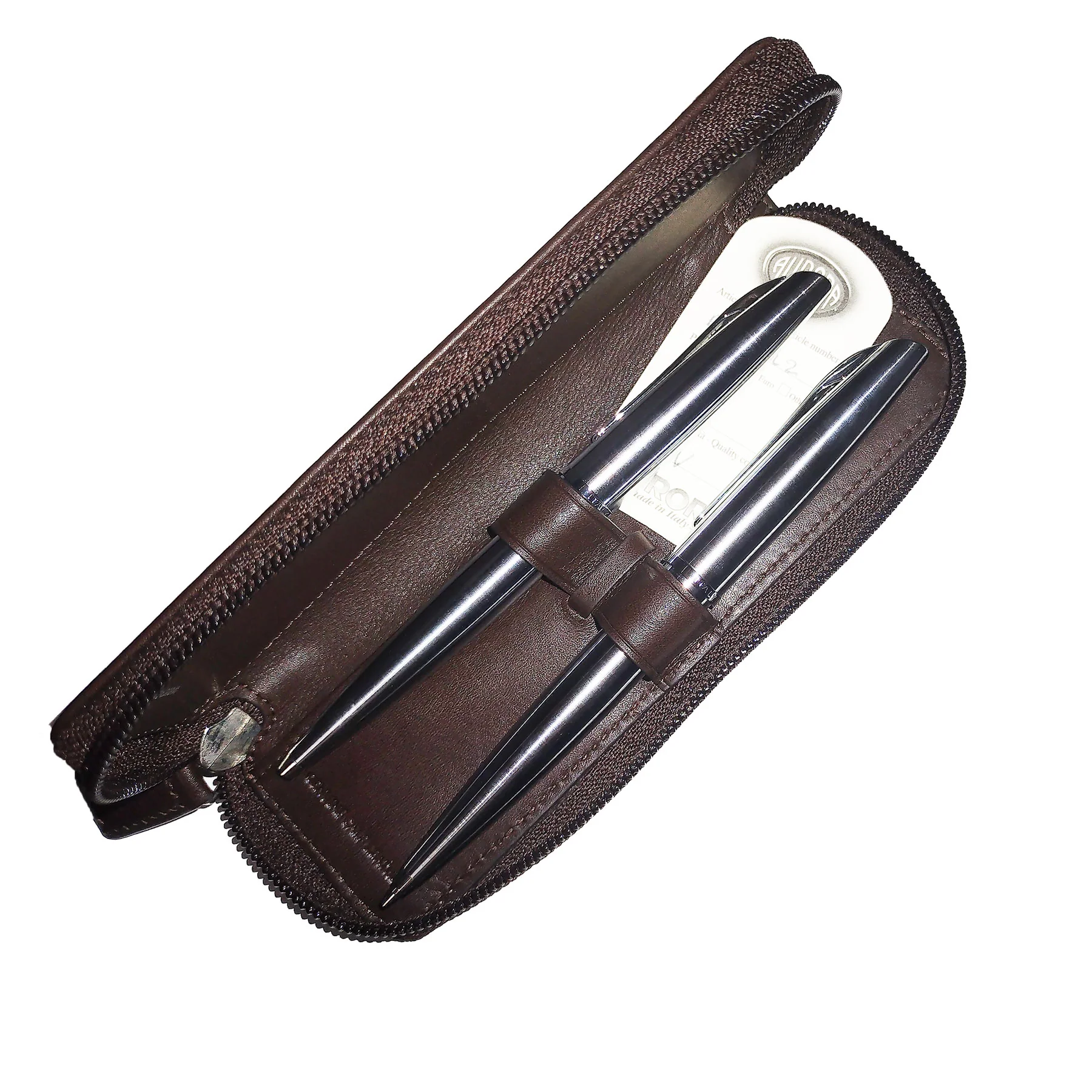Aurora Style Chrome Barrel and Chrome Cap Ballpoint & Pencil Set with Brown Leather Pouch