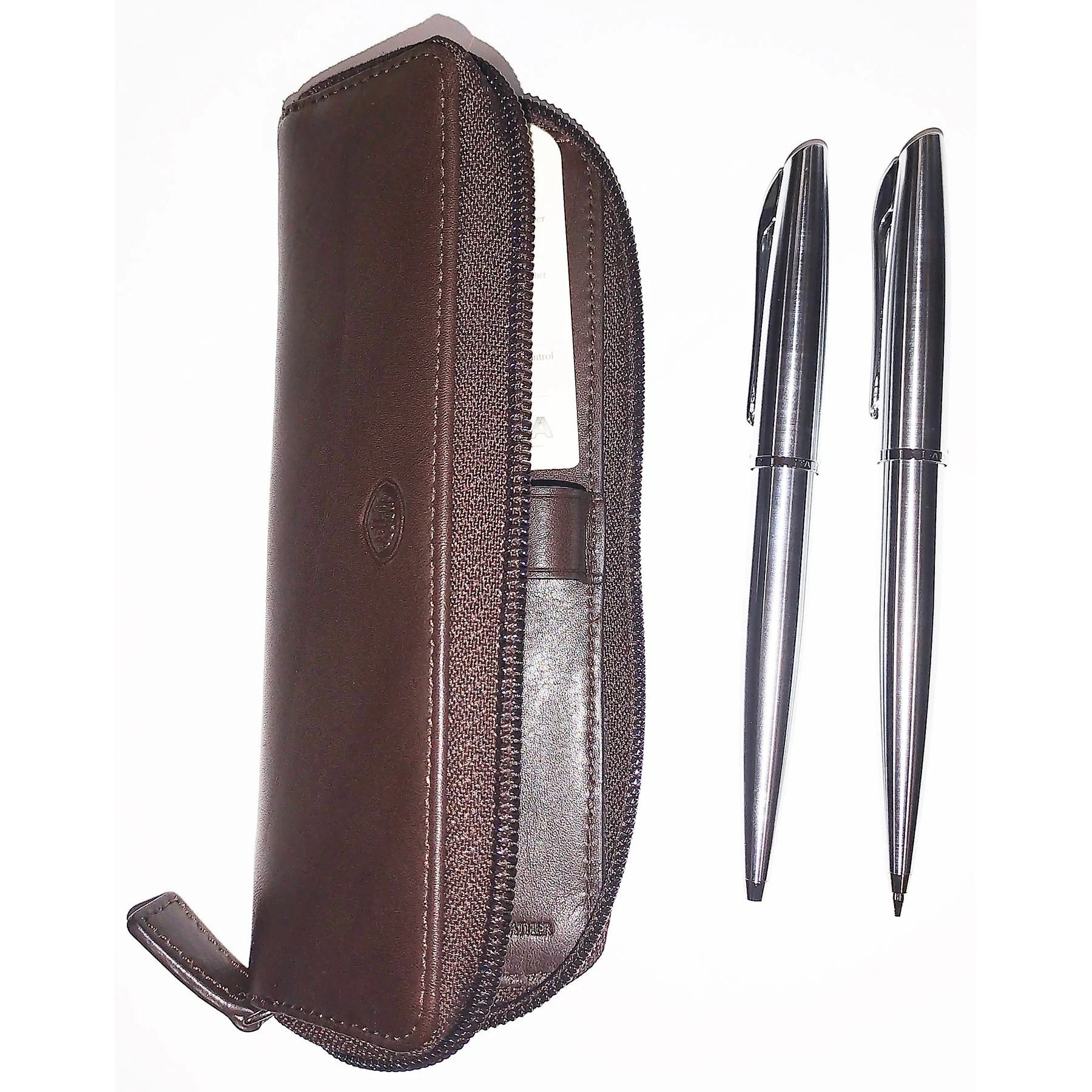 Aurora Style Chrome Barrel and Chrome Cap Ballpoint & Pencil Set with Brown Leather Pouch - Image 2