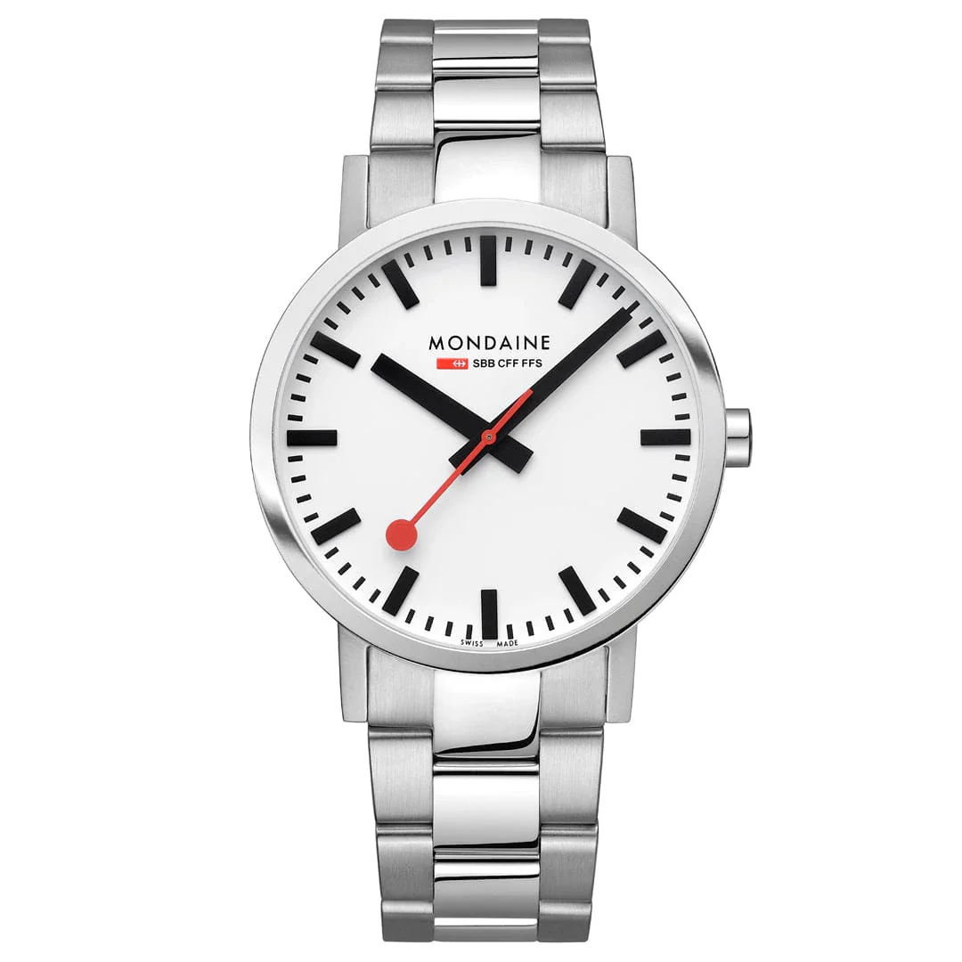 Mondaine Classic 40 mm, Stainless Steel Link Men's Watch Signature White Sundial - Image 6