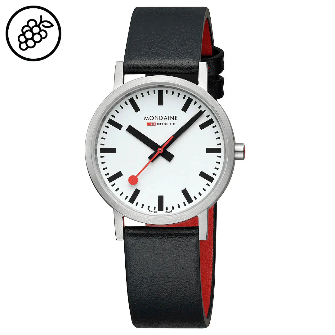 Mondaine CLASSIC BRUSHED CASE, BLACK VEGAN GRAPE LEATHER, 36 MM A660.30314.16SBBV - Image 5
