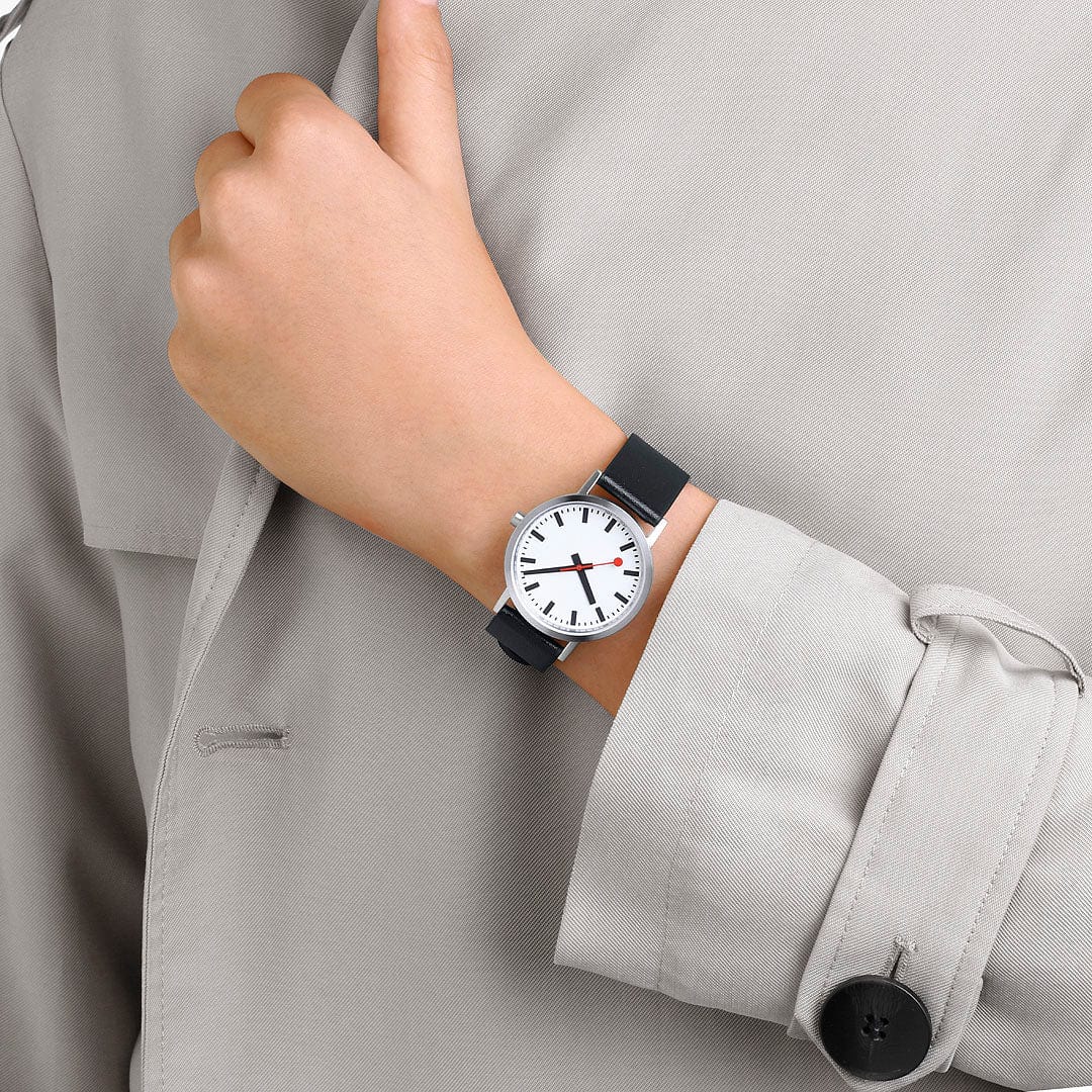 Mondaine Classic Brushed Steel Black, Vegan Grape Leather Strap, 36 mm - Image 3