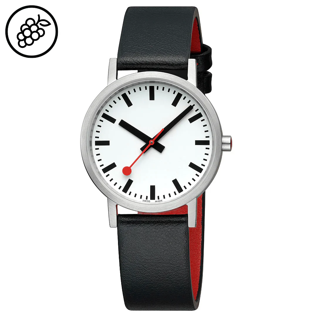 Mondaine Classic Brushed Steel Black, Vegan Grape Leather Strap, 36 mm - Image 6