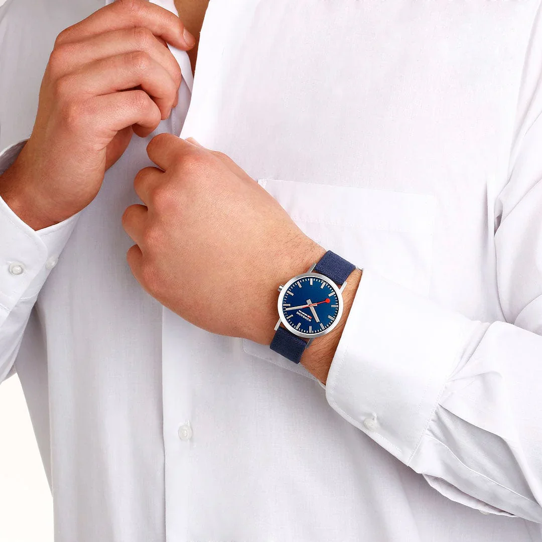 Mondaine Classic Brushed Steel Deep Ocean Blue Textile, 40 mm Men's Watch - Image 4