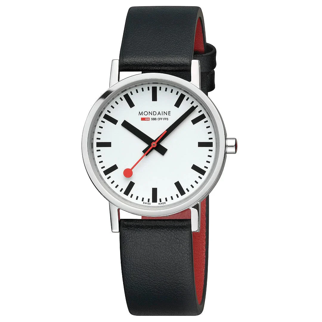 Mondaine Classic Polished Case, Black Vegan Grape Leather, 36 mm Watch