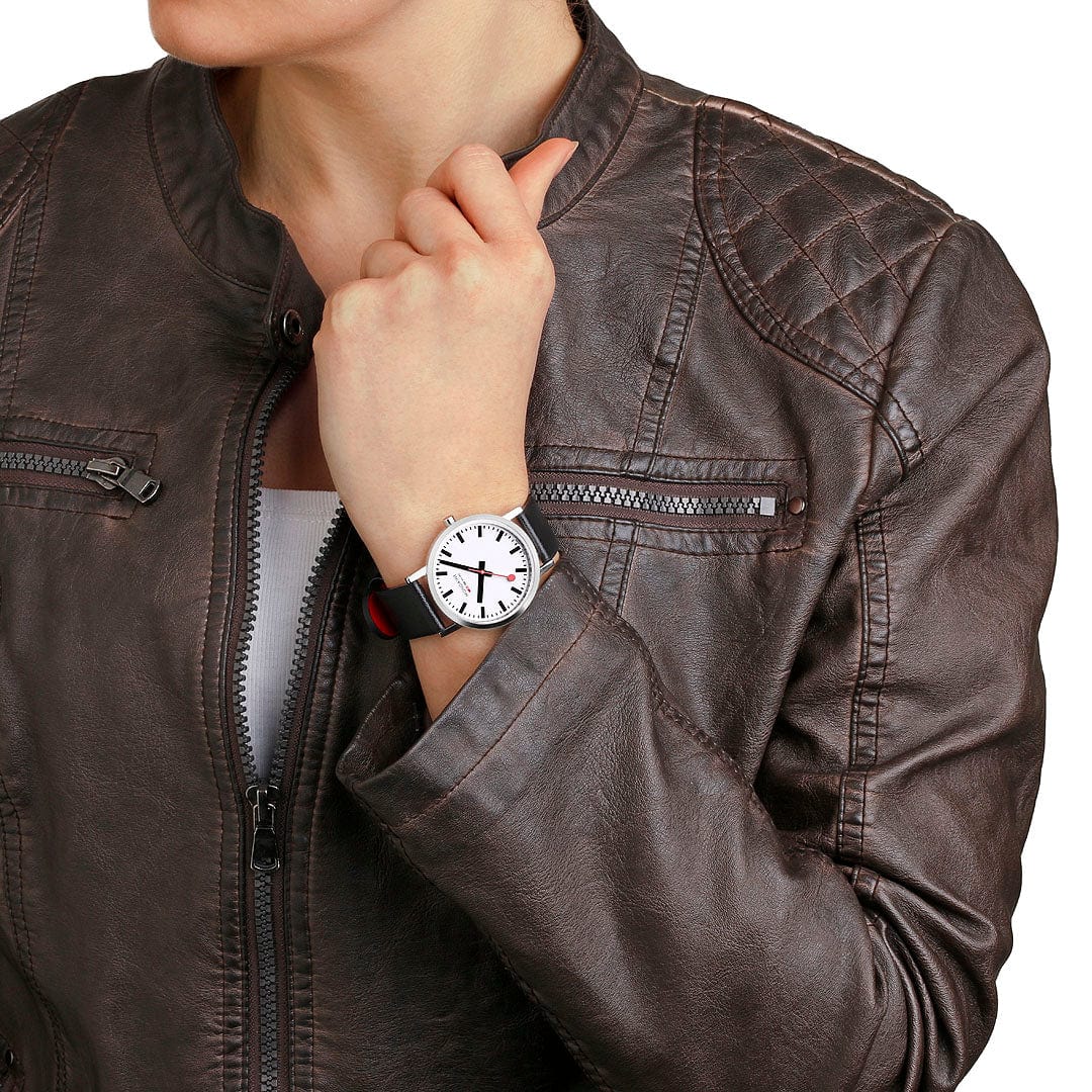 Mondaine Classic Polished Case, Black Vegan Grape Leather, 36 mm Watch - Image 3