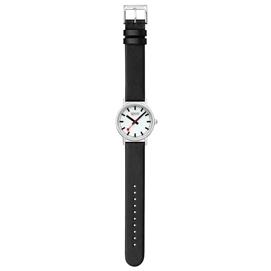 Mondaine Classic Polished Case, Black Vegan Grape Leather, 36 mm Watch - Image 4