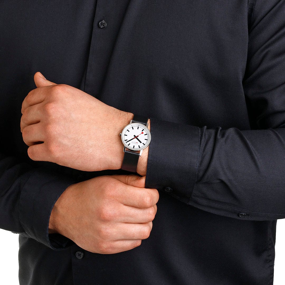 Mondaine Classic Polished Case, Black Vegan Grape Leather, 36 mm Watch - Image 5