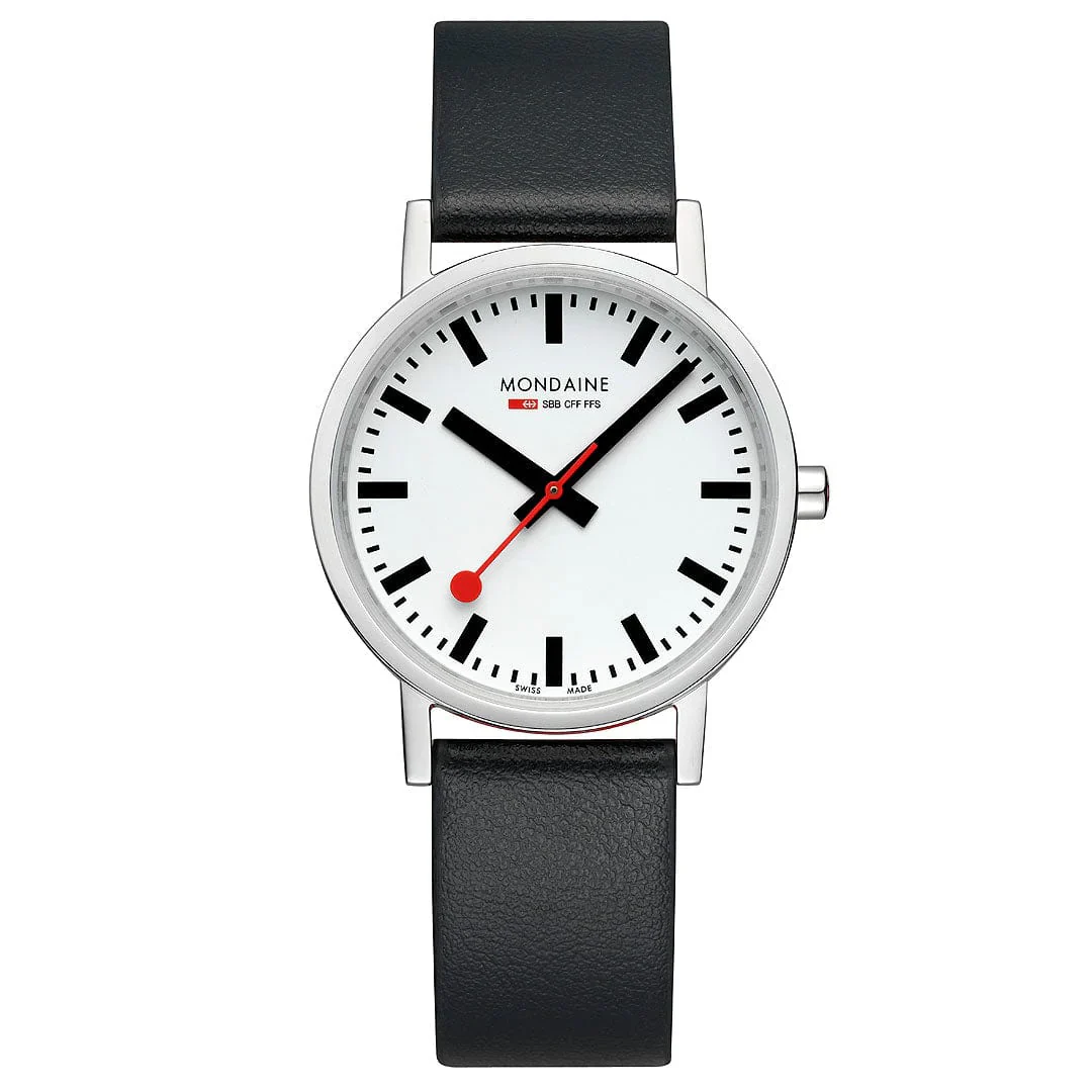 Mondaine Classic Polished Case, Black Vegan Grape Leather, 36 mm Watch - Image 6