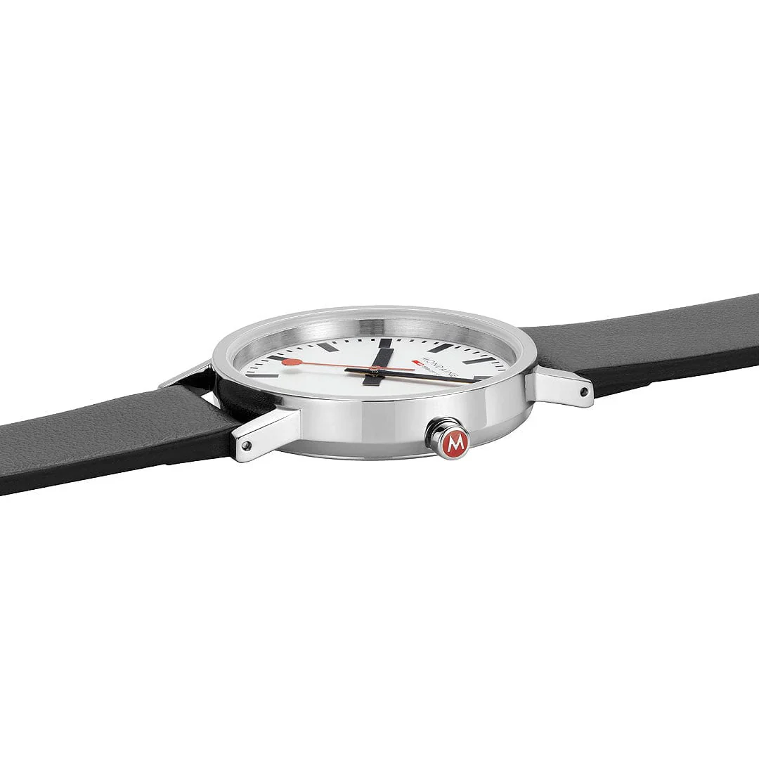 Mondaine Classic Polished Case, Black Vegan Grape Leather, 36 mm Watch - Image 7