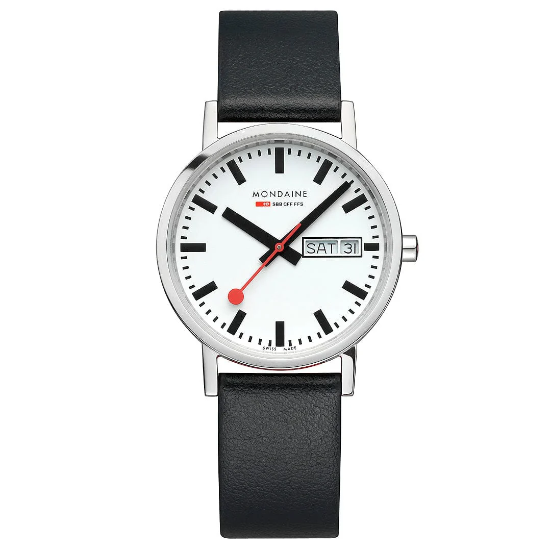 Mondaine Classic Polished Steel Day Date, Black Vegan Grape Leather, 36 mm Watch
