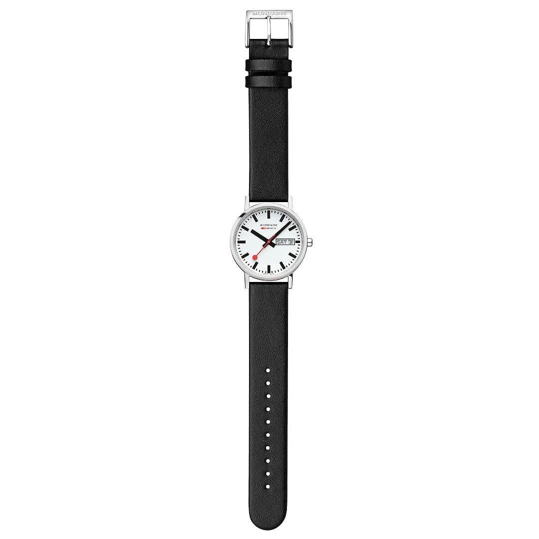 Mondaine Classic Polished Steel Day Date, Black Vegan Grape Leather, 36 mm Watch - Image 2