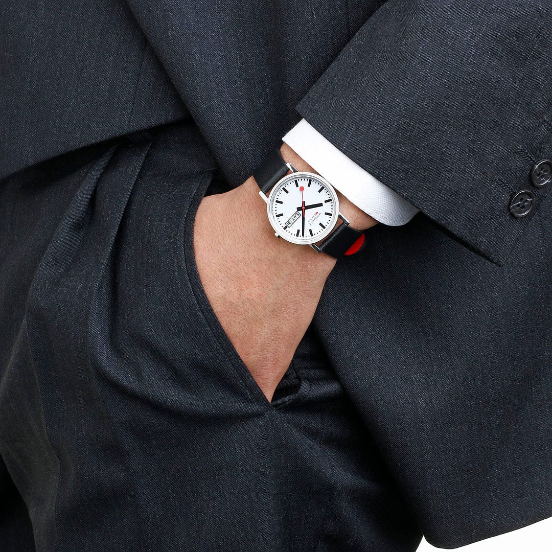 Mondaine Classic Polished Steel Day Date, Black Vegan Grape Leather, 36 mm Watch - Image 3