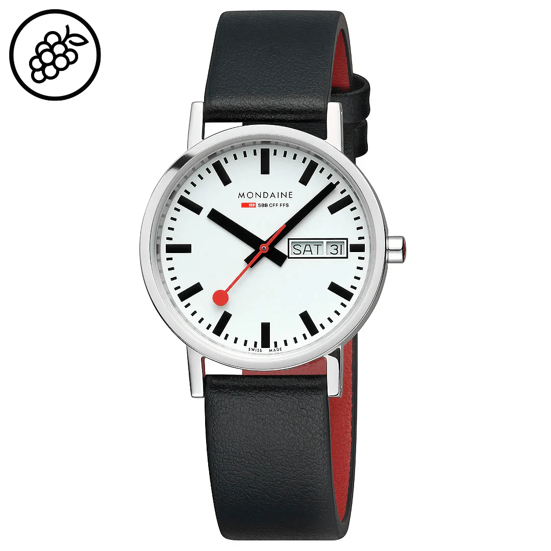 Mondaine Classic Polished Steel Day Date, Black Vegan Grape Leather, 36 mm Watch - Image 5
