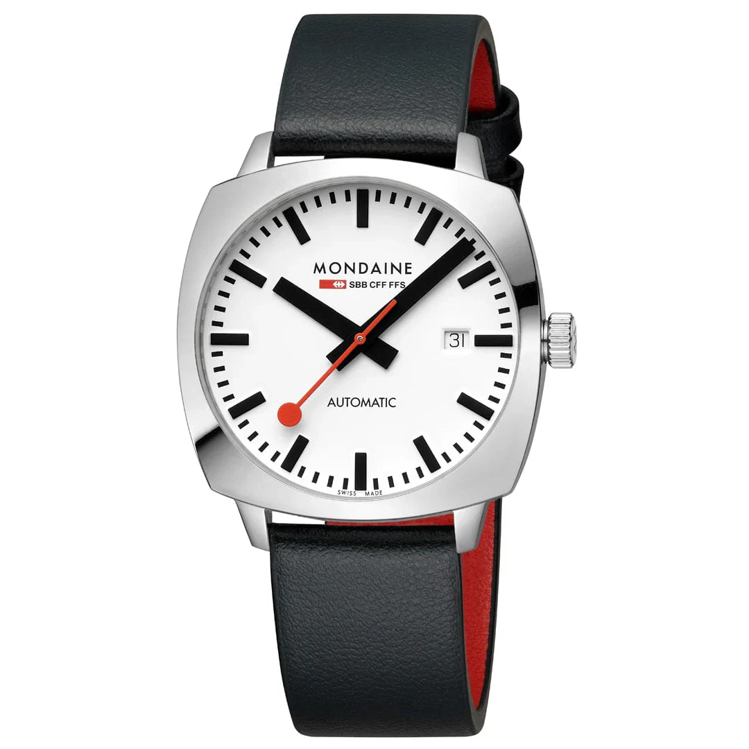Mondaine Cushion Automatic Watch 39 mm, Black Vegan Leather MSL.3961B.LBV