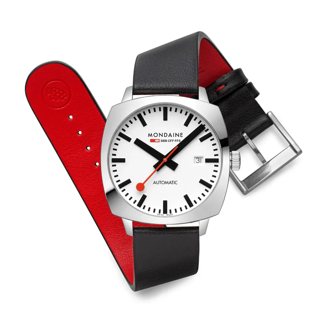 Mondaine Cushion Automatic Watch 39 mm, Black Vegan Leather MSL.3961B.LBV - Image 6