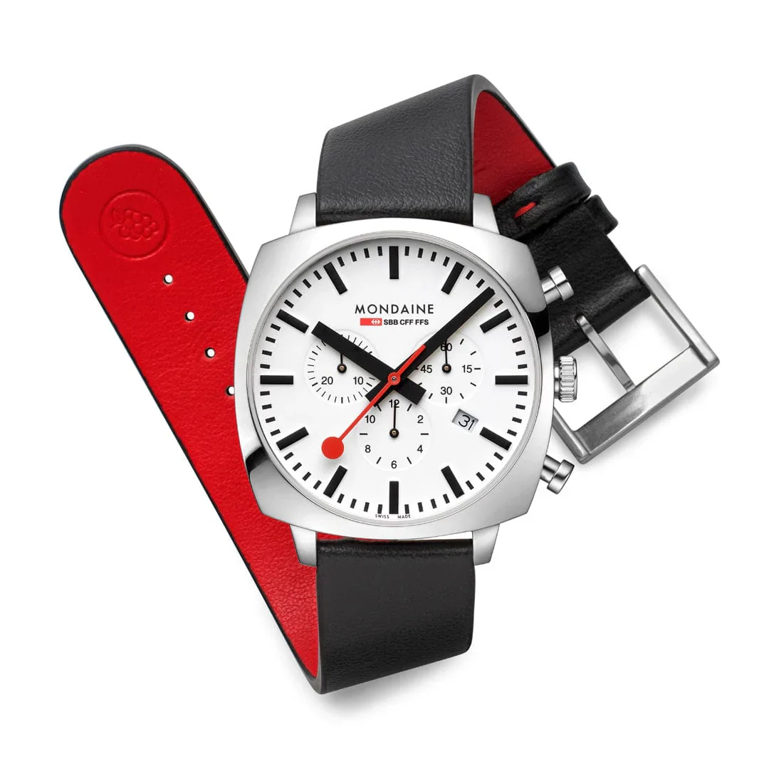 Mondaine Cushion Black vegan grape leather 41 mm Chronograph Watch MSL.41410.LBV.SET - Image 2