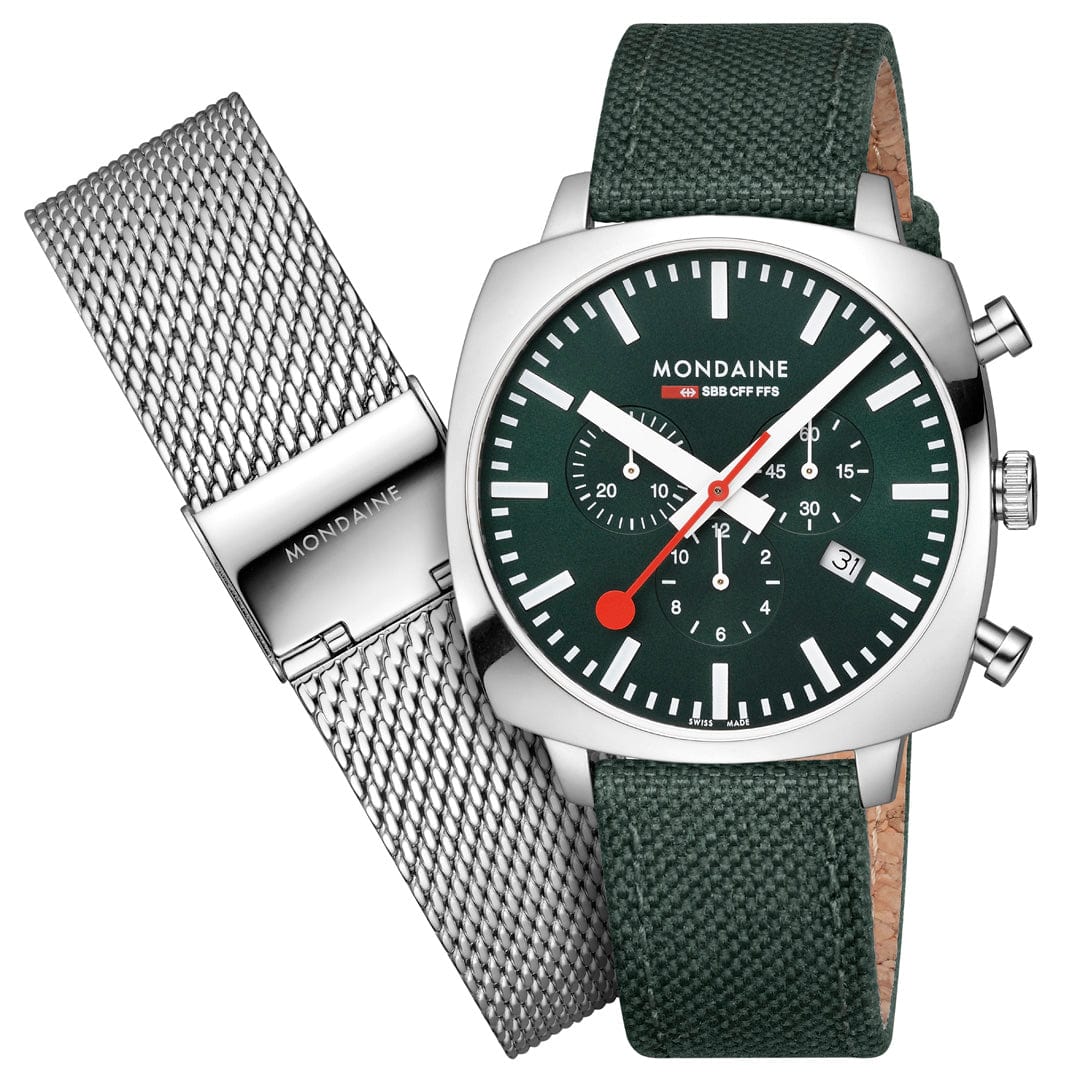 Mondaine Cushion Park Green 41 mm Chronograph Watch MSL.41460.LF.SET - Image 8