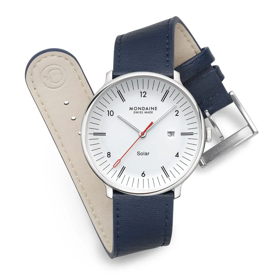 Mondaine Doppio Solar Powered 41 mm Blue Vegan Apple Leather Strap - Image 9