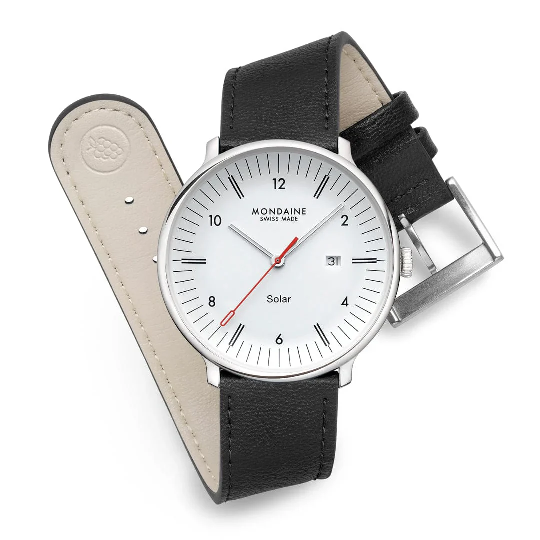 Mondaine Doppio Solar Powered 41 mm Black Vegan Apple Leather Strap - Image 10