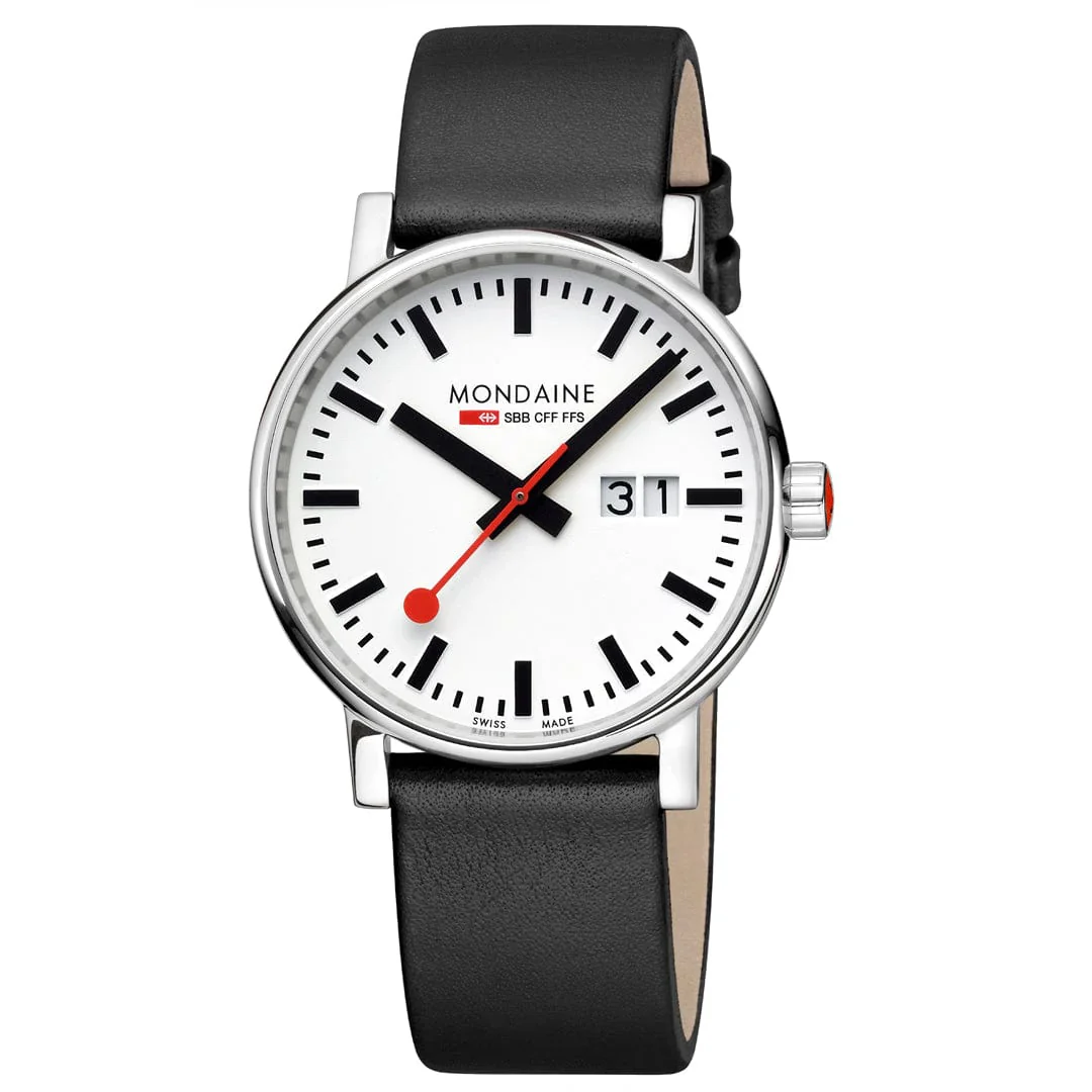 Mondaine Evo2 Big Date Men's Watch, Polished Steel, 40 mm, Black Vegan Leather Strap