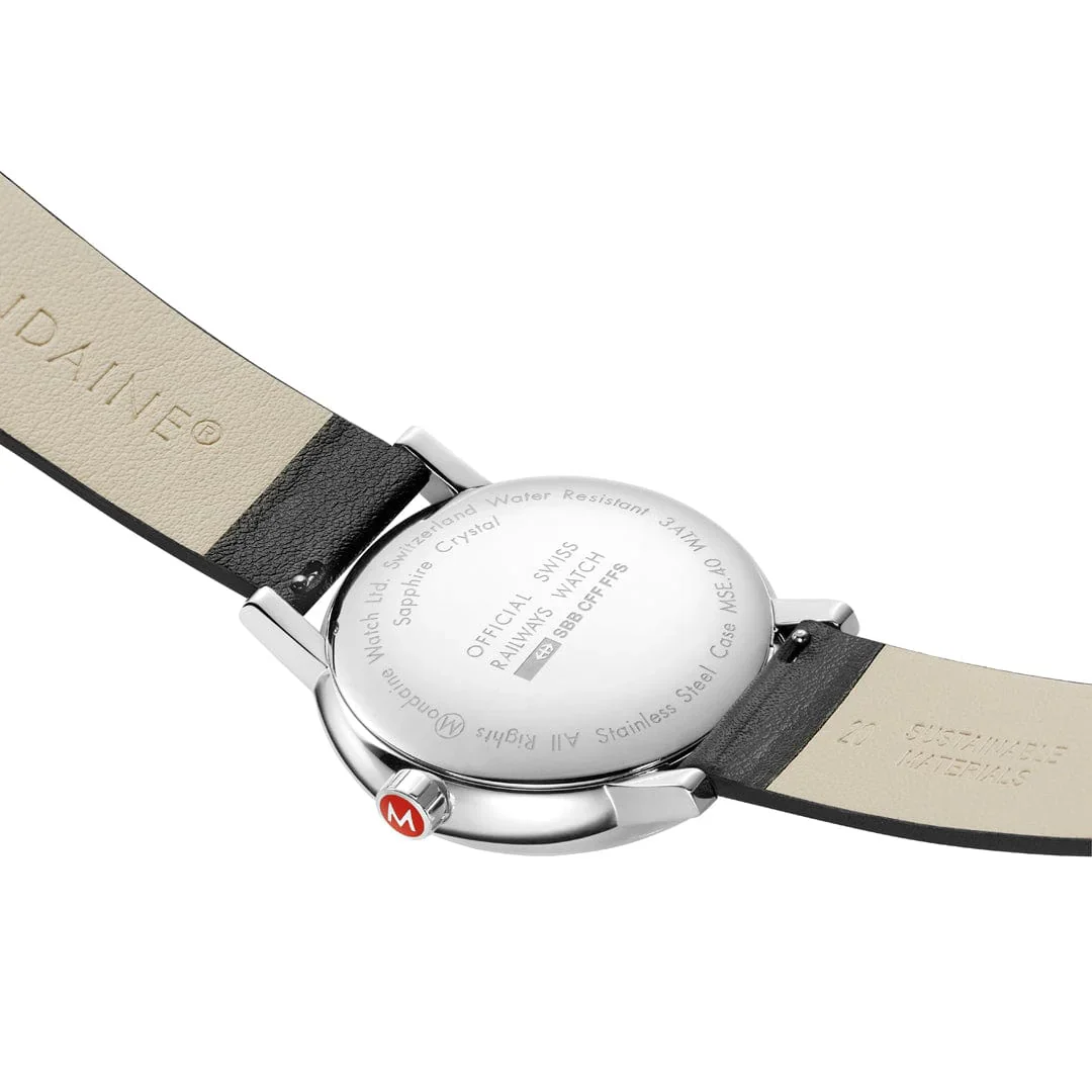 Mondaine Evo2 Big Date Men's Watch, Polished Steel, 40 mm, Black Vegan Leather Strap - Image 3