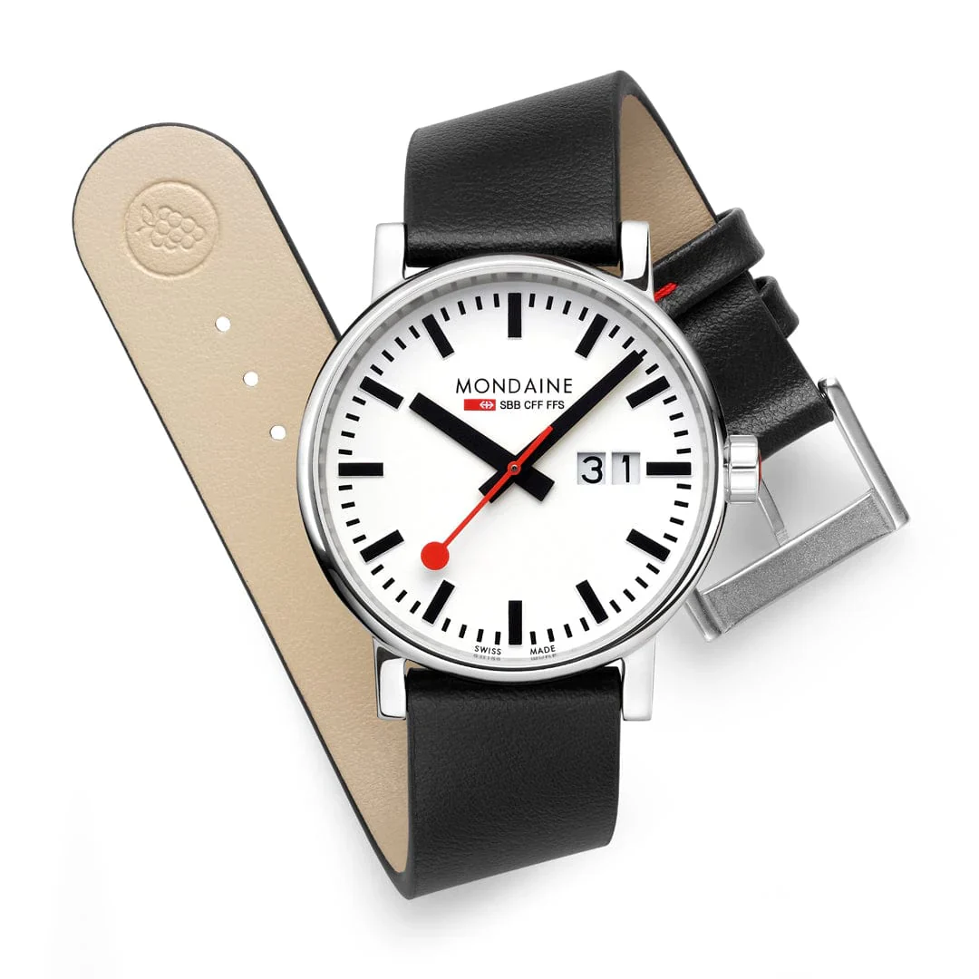 Mondaine Evo2 Big Date Men's Watch, Polished Steel, 40 mm, Black Vegan Leather Strap - Image 4