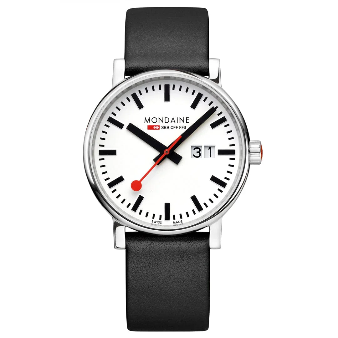 Mondaine Evo2 Big Date Men's Watch, Polished Steel, 40 mm, Black Vegan Leather Strap - Image 5