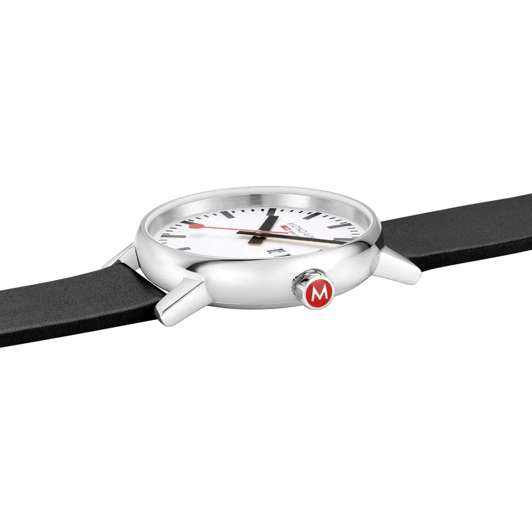 Mondaine Evo2 Big Date Men's Watch, Polished Steel, 40 mm, Black Vegan Leather Strap - Image 6