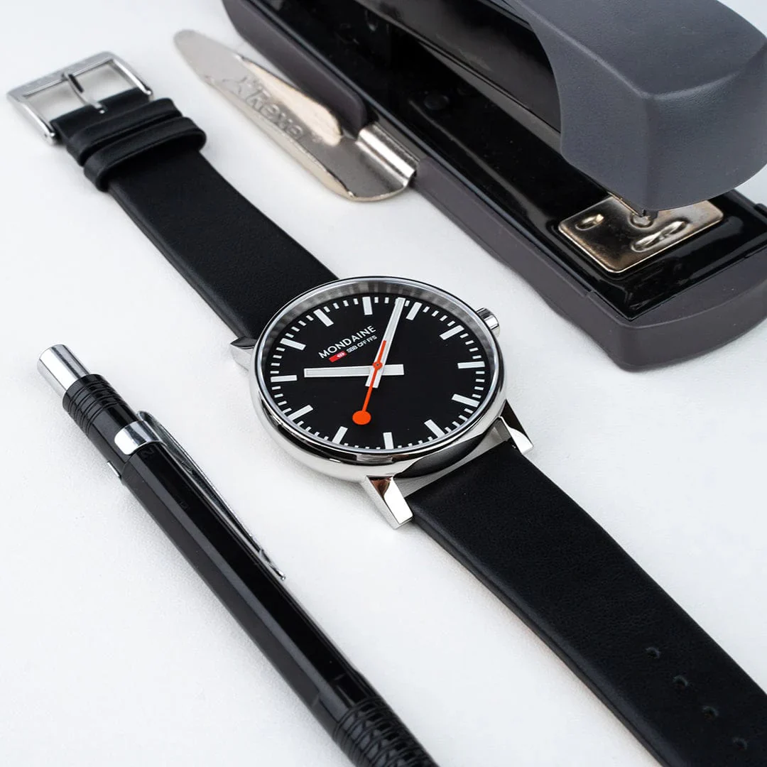 Mondaine Evo2 Men's Watch, Polished Steel, 43 mm, Black Vegan Leather Strap - Image 11