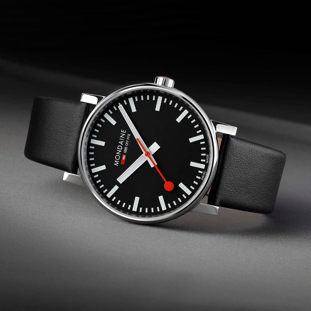 Mondaine Evo2 Men's Watch, Polished Steel, 43 mm, Black Vegan Leather Strap - Image 5