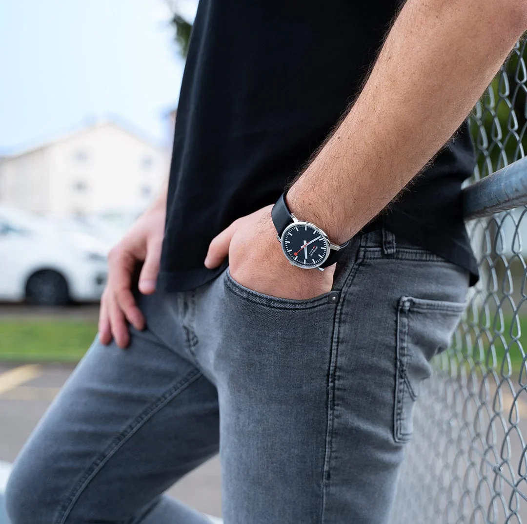 Mondaine Evo2 Men's Watch, Polished Steel, 43 mm, Black Vegan Leather Strap - Image 9