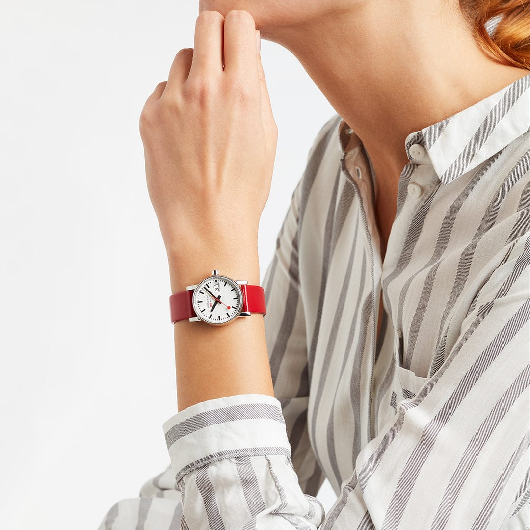 Mondaine EVO2 Women's Watch, Polished Steel, 30 mm, Red Vegan Grape Leather Strap - Image 3