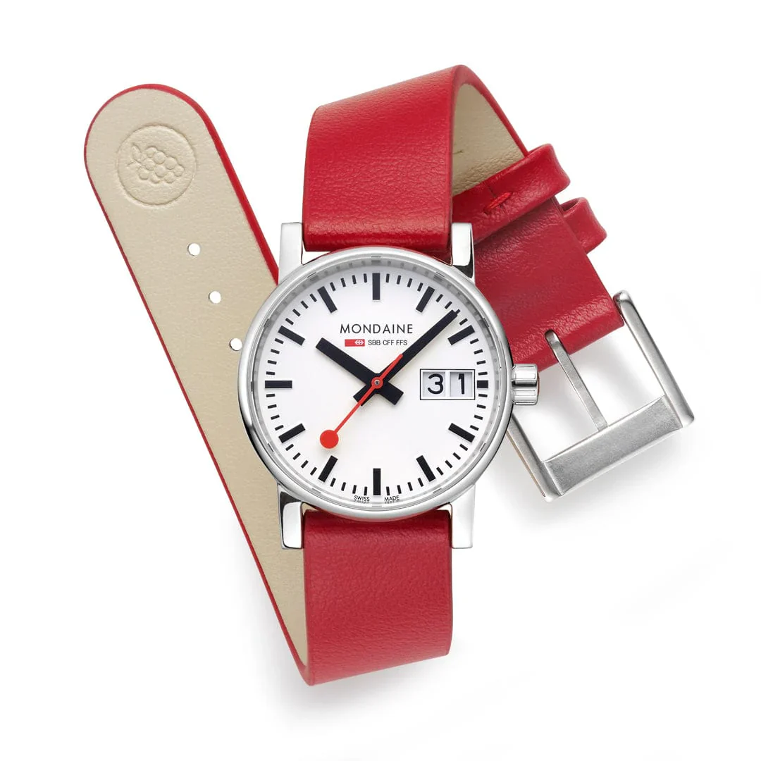 Mondaine EVO2 Women's Watch, Polished Steel, 30 mm, Red Vegan Grape Leather Strap - Image 7