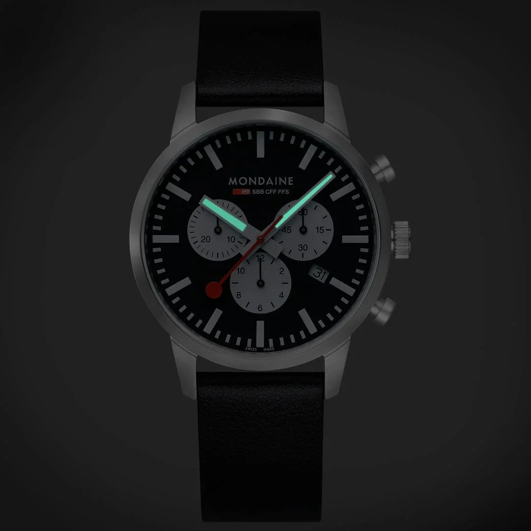 Mondaine NEO, Black Vegan Grape Leather, 41 mm Chronograph Men's Watch - Image 13