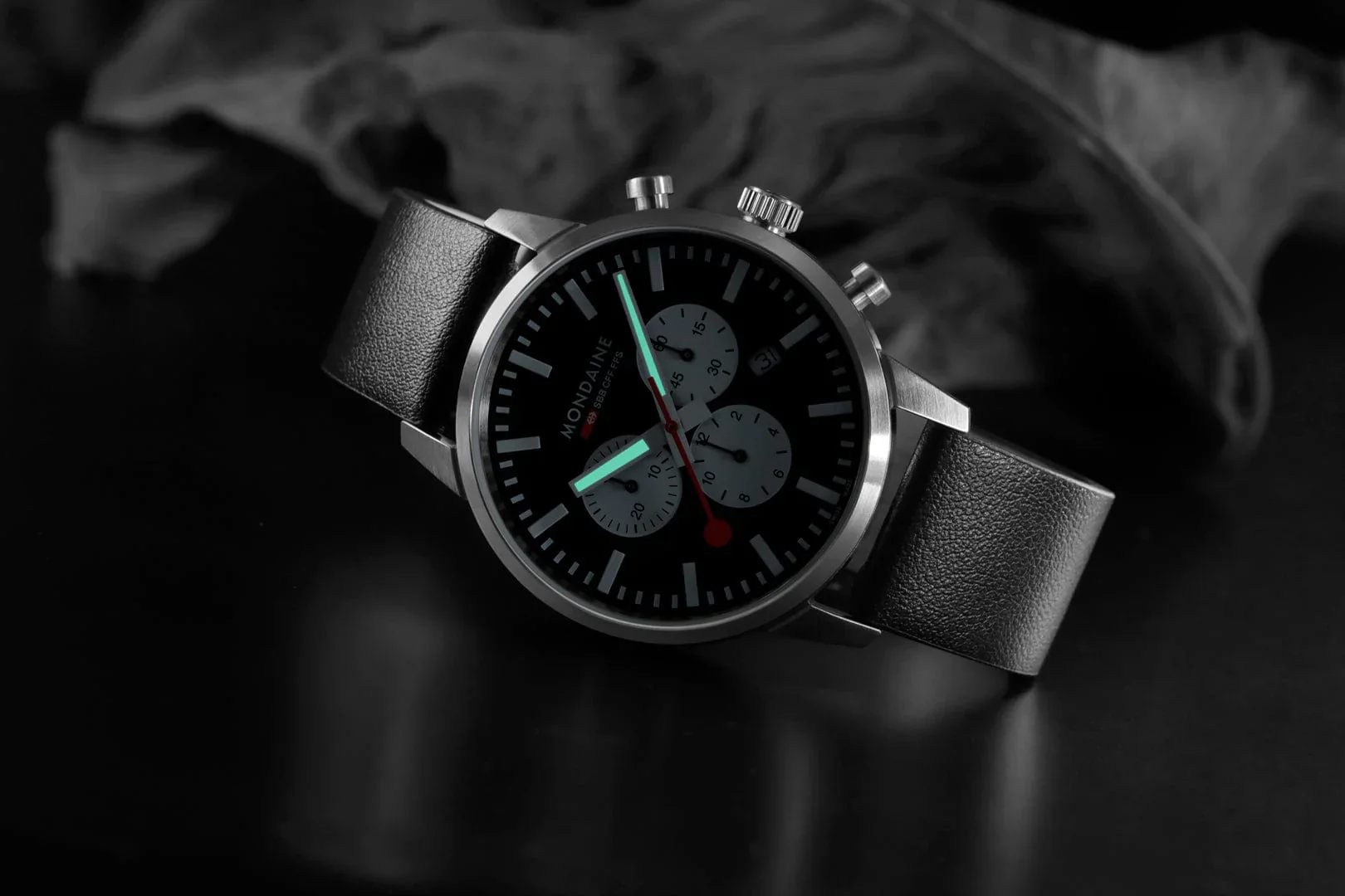 Mondaine NEO, Black Vegan Grape Leather, 41 mm Chronograph Men's Watch - Image 14