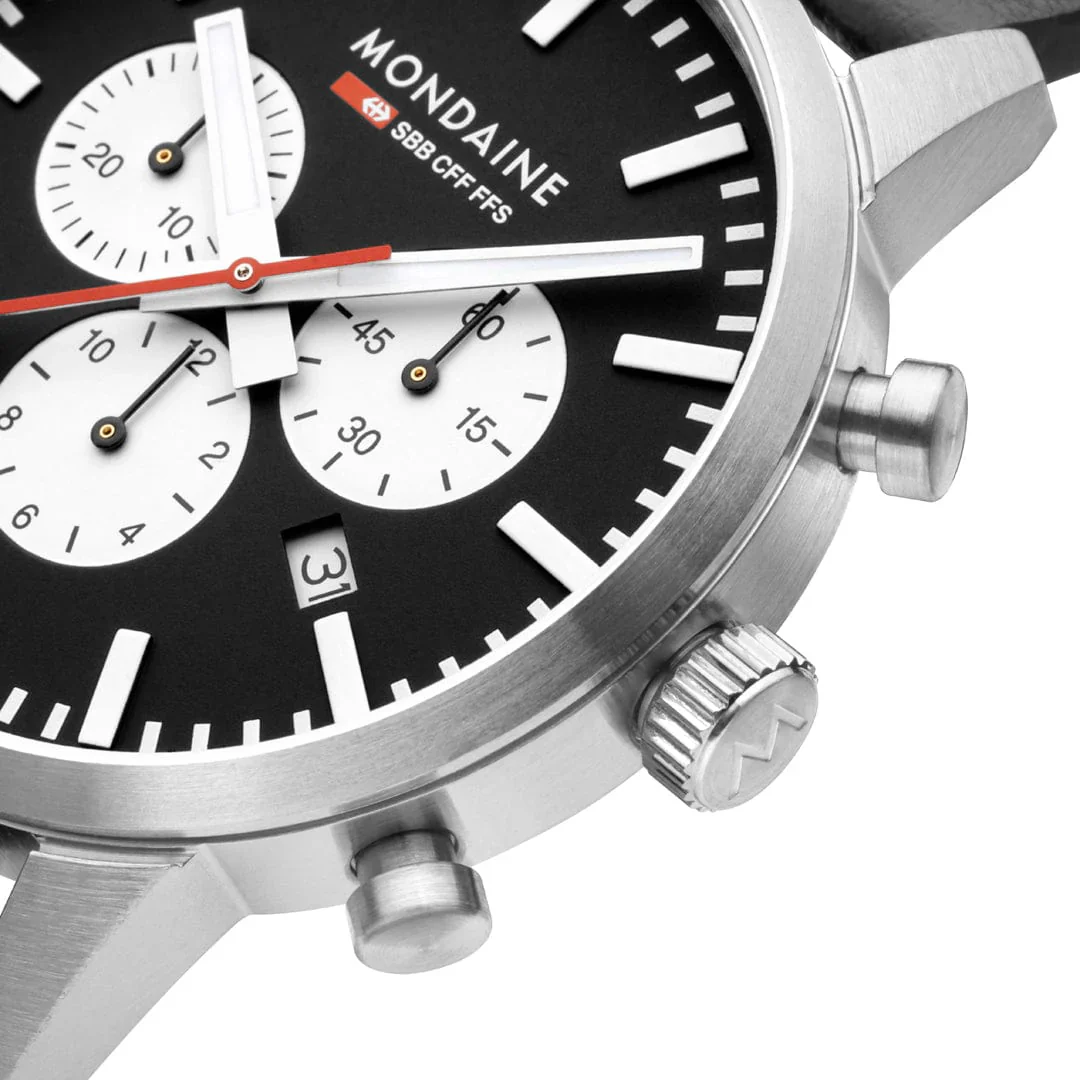 Mondaine NEO, Black Vegan Grape Leather, 41 mm Chronograph Men's Watch - Image 2