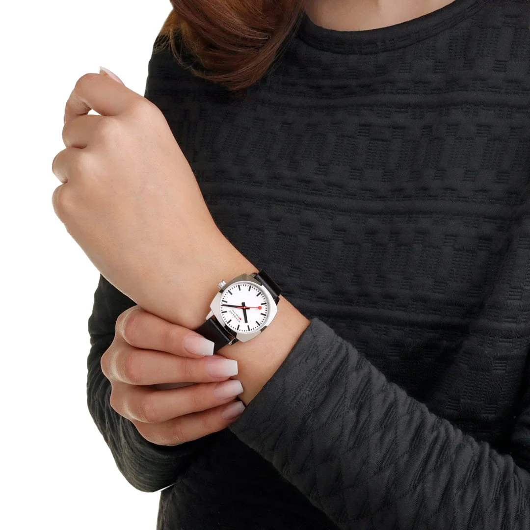 Mondaine Petite Cushion Watch Black Vegan Grape Leather, 31 mm MSL.31110.LBV - Image 2