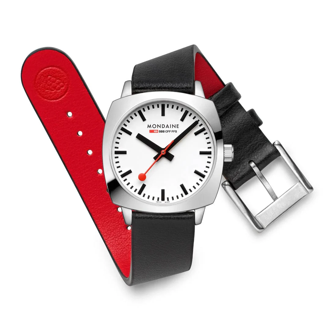 Mondaine Petite Cushion Watch Black Vegan Grape Leather, 31 mm MSL.31110.LBV - Image 3