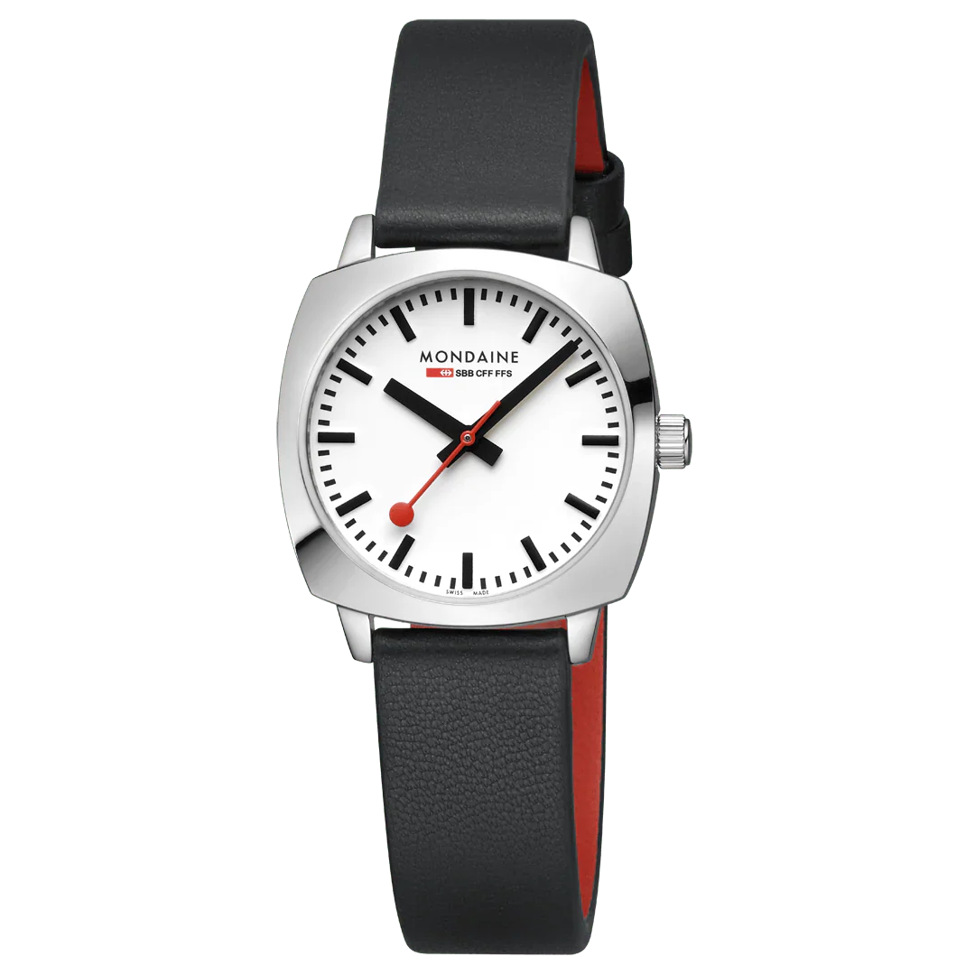 Mondaine Petite Cushion Watch Black Vegan Grape Leather, 31 mm MSL.31110.LBV - Image 4