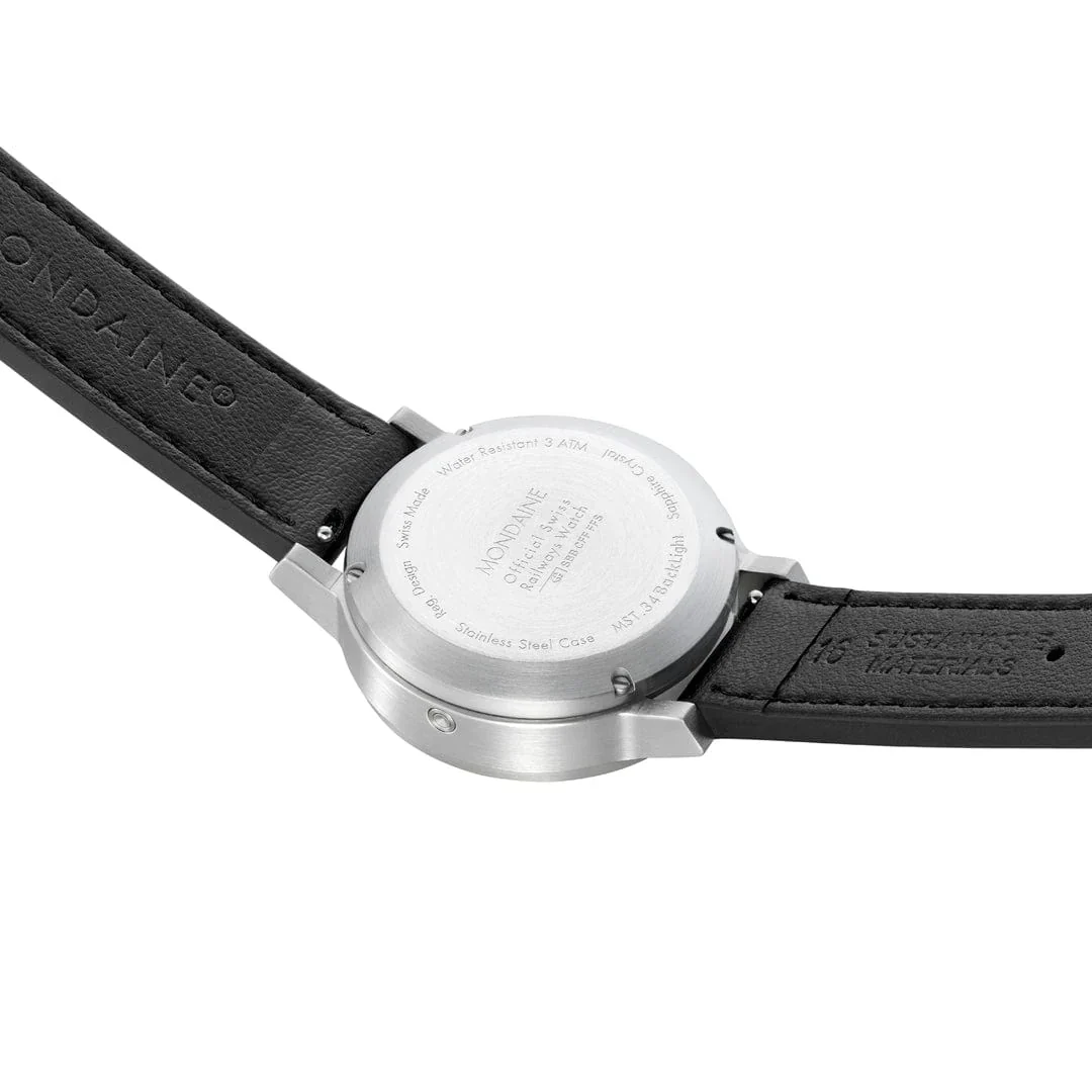 Mondaine stop2go watch Black Vegan Leather Strap, 34 mm - Image 10