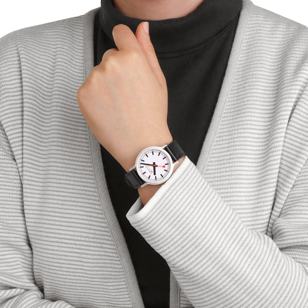 Mondaine stop2go watch Black Vegan Leather Strap, 34 mm - Image 4