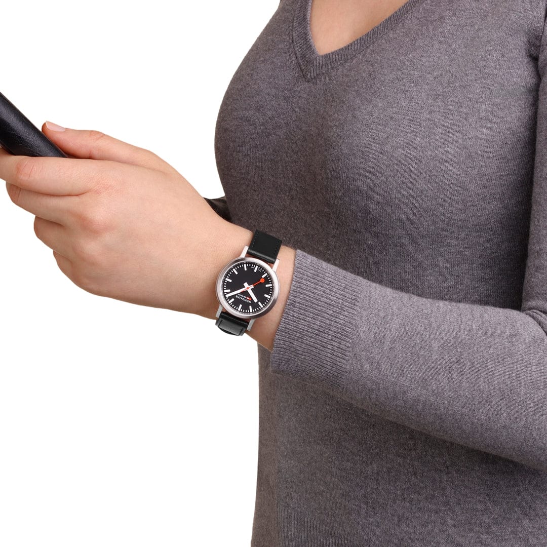 Mondaine stop2go watch Black Vegan Leather Strap, 34 mm - Image 10
