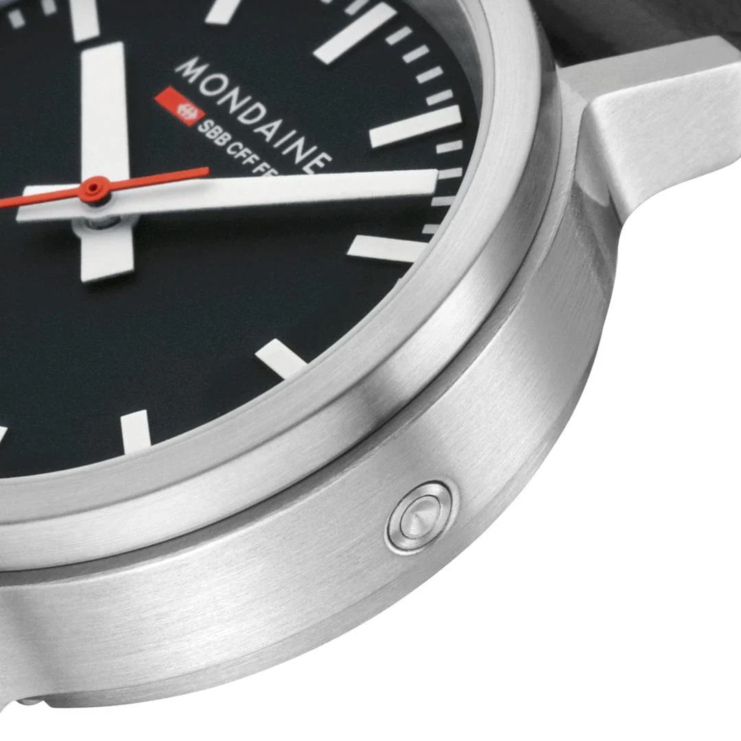 Mondaine stop2go watch Black Vegan Leather Strap, 34 mm - Image 3