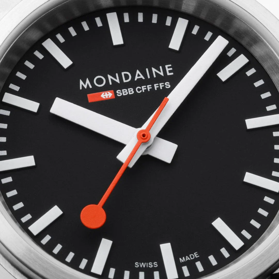 Mondaine stop2go watch Black Vegan Leather Strap, 34 mm - Image 4
