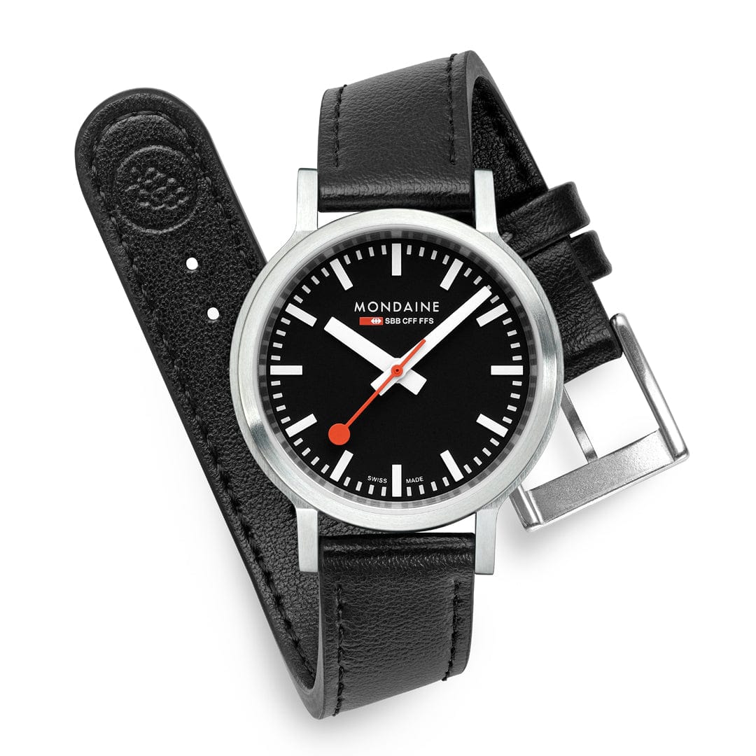 Mondaine stop2go watch Black Vegan Leather Strap, 34 mm - Image 6